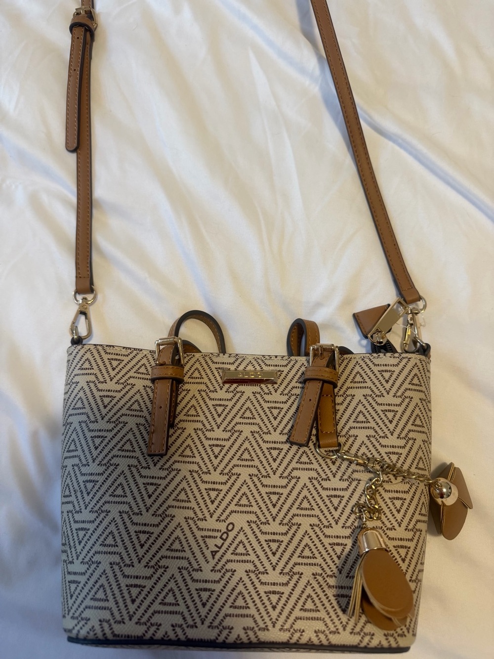 ALDO Maellia Satchel Bag (in the Bone/Beige geometric patterned colorway)